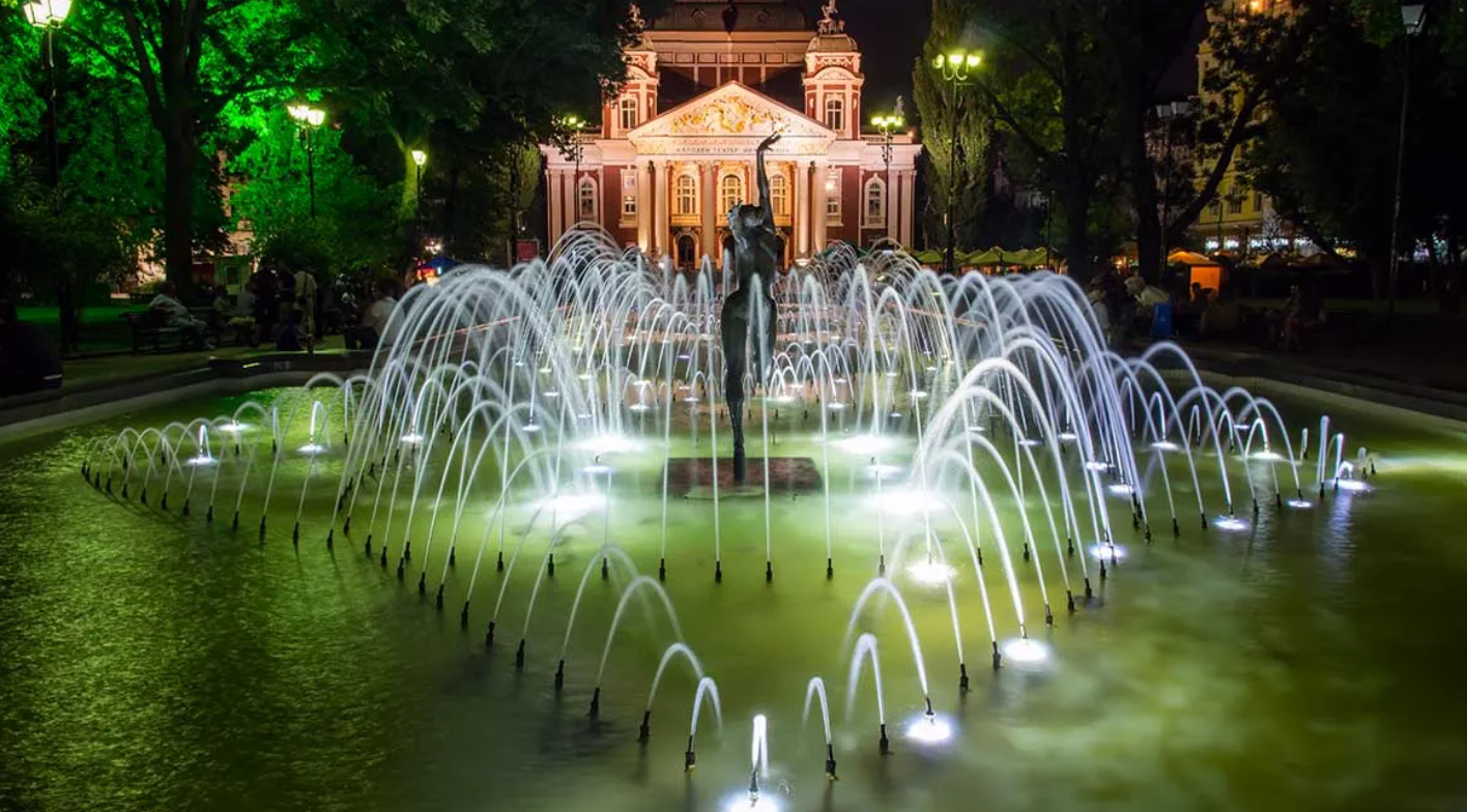 Skopje To Sofia National Theater with the fountain in front