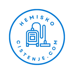 The image shows a circular logo glowing with a soft blue light against a dark background. Inside the circle, there is a simple line drawing of a vacuum cleaner with a hose and a floor attachment, also in a bright blue color.  Around the top half of the circle, the text reads “HEMISKO”. Around the bottom half, it reads “CISTENJE.COM”.