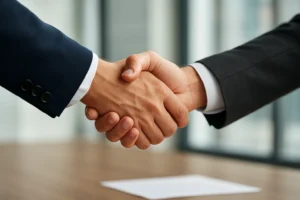 Two people are shaking hands in a close-up shot. Only their hands and part of their forearms are visible. Both individuals are wearing business suits — one sleeve is dark blue, the other is dark gray or black. The handshake appears firm and professional. The background is blurred but suggests an indoor office setting with large windows and natural light. A wooden table is visible below their hands, with a single sheet of white paper lying on it, slightly out of focus.