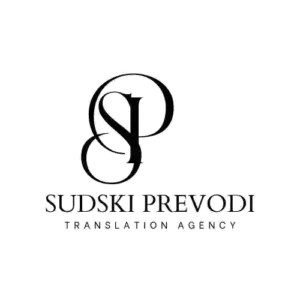 The image shows a clean, minimalist logo centered on a plain white background. At the top is a large, elegant monogram made from two intertwined black letters, S and P. The letters are written in a thin, stylish serif font, and they overlap smoothly, forming one artistic combined shape.  Below the monogram, in capital letters, is the name “SUDSKI PREVODI” written in a bold, clear serif font.  Under that, in smaller capital letters, is a subtitle reading “TRANSLATION AGENCY” in a lighter, thinner font.  The overall design looks professional, modern, and simple, using only black text and lines on a white background.