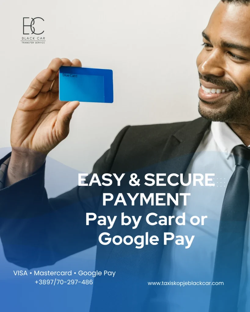 Secure payment for Skopje Airport Taxi with Visa, Mastercard and Google Pay
